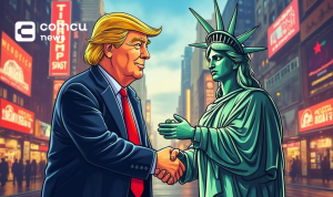 trump coin mascot handshake
